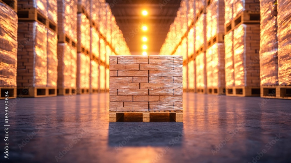 Poster logistic pallet stacked in distribution center rows of stacked pallets with shrink wrapped goods in 