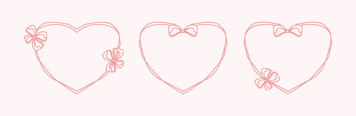 Hand Drawn coquette heart frames. Whimsical pink borders with bow, ribbons. Cute frame set for Valentine Day, wedding, birthday invitation, poster, menu.Trendy doodle isolated vector illustration.