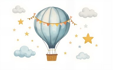 Watercolor hot Air Balloon with garlands, clouds and stars. Hand drawn Baby illustration of vintage aircraft in pastel blue end beige colors. Cute drawing for newborn shower or kid birthday.