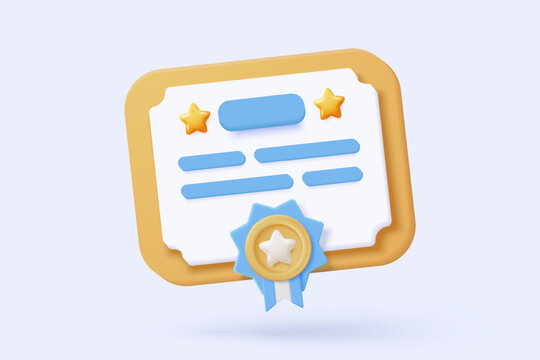 3d certificate or diploma icon with stamp and ribbon bow isolated background. White clipboard task management todo check list, work on project plan concept. 3d vector render on background