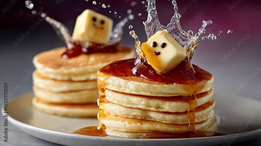 Poster pancakes with a butter on top and a splash of syrup. the pancakes are stacked on top of each other