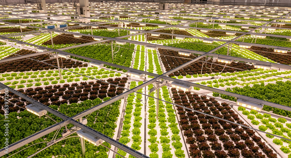 Poster overhead view of a large indoor vertical farm with multiple levels of various green plants growing u