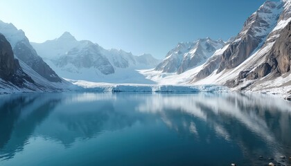 Naklejka premium Majestic snow-capped mountains surround glacial lake reflecting serene, clear blue sky. Tranquil winter landscape offers peaceful, cold wilderness scene. Perfect for travel desktop wallpaper, natural