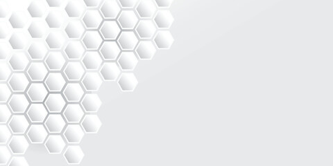 Modern white hexagon pattern on light grey background. Abstract, clean, futuristic, technology-inspired design perfect for presentations or digital media.