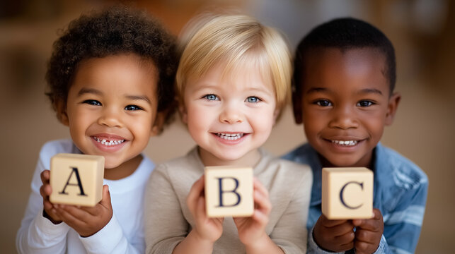 Three children hold wooden letter blocks displaying A B C, beaming with joy in a cheerful setting. Warm, inviting atmosphere enhancing concepts of early education, child development, preschool