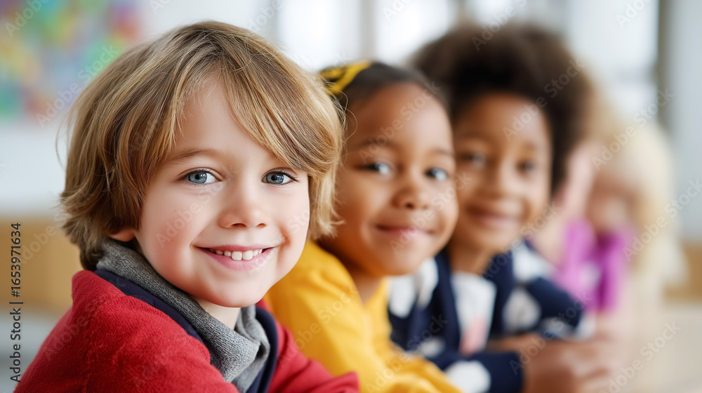 Poster smiling multicultural schoolchildren interact happily while seated in classroom setting. bright natu