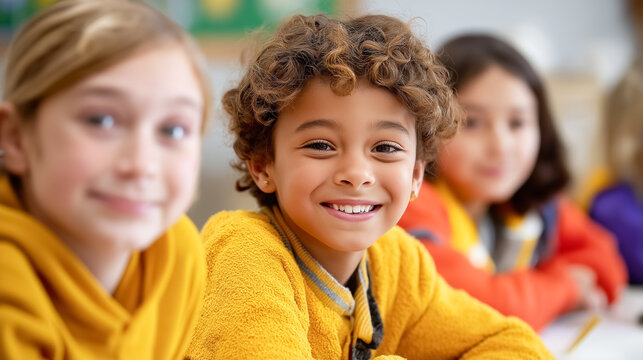 Group of multicultural schoolchildren smiling and focused on their tasks. Bright classroom environment with cheerful colors, emphasizing joy of learning. Concept of education, diversity, teamwork - Powered by Adobe