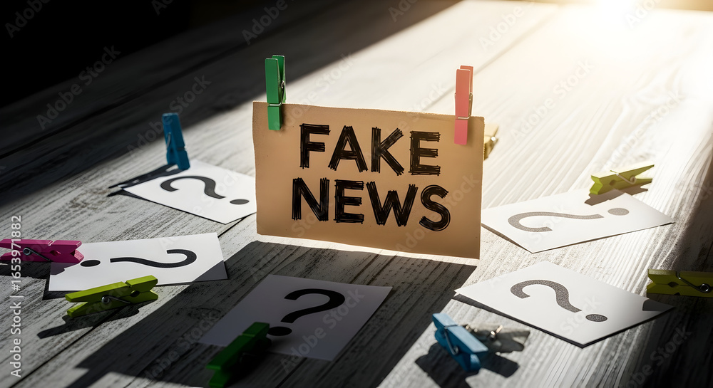 Poster conceptual image of fake news displayed on a wooden box with question marks around it, emphasizing m
