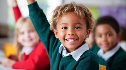 Multicultural schoolchildren raising hands in classroom setting, expressing eagerness to participate. Brightly lit space with colorful classroom decorations