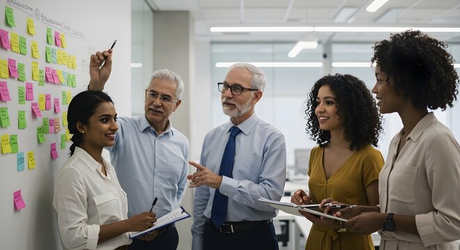 Diverse business professionals collaborating on a whiteboard with sticky notes, sharing ideas and strategizing in a modern upscale office environment, fostering innovation and teamwork.