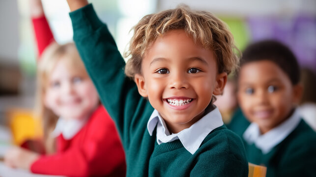 Multicultural schoolchildren raising hands in classroom setting, expressing eagerness to participate. Brightly lit space with colorful classroom decorations