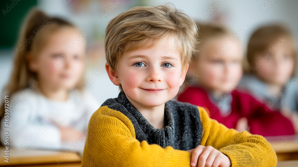 Poster boy smiling while seated at desk in classroom with classmates focused on lesson. bright learning env