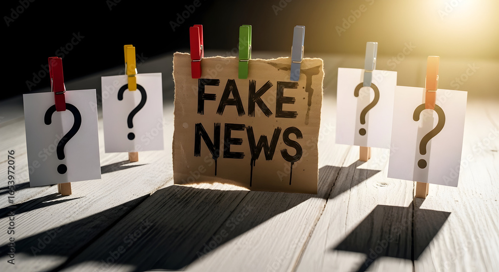 Poster conceptual depiction of false information and uncertain facts; questioning the credibility of modern