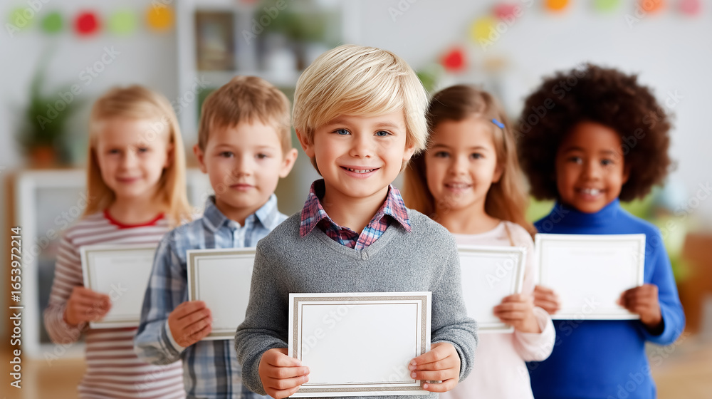 Poster diverse group of children smiling while holding certificates in classroom. cheerful setting with col