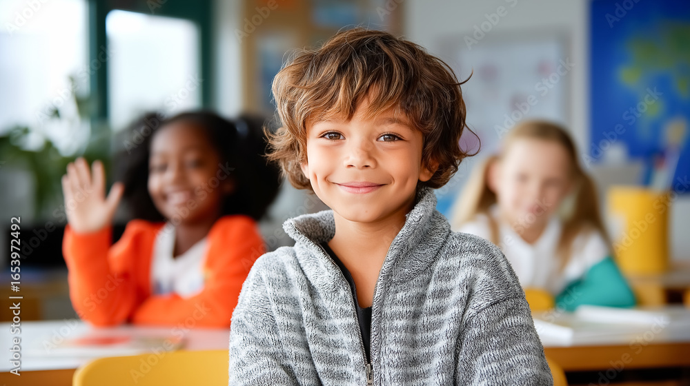 Poster smiling boy looking at camera in elementary classroom with diverse classmates participating in activ
