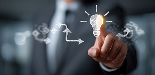 Businessman touching an idea lightbulb graphic overlay