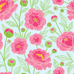 Vector illustration. Pink peonies with outlined leaves on sky blue background. seamless repeat pattern. Best for packaging, home decor and bedding.