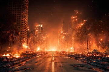 Burning city street at night