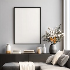 Living room white frame mockup with tea table plant and sofa
