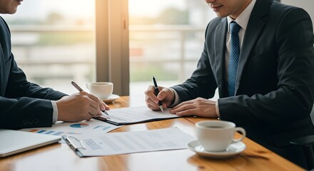 Two professional businessmen in suits signing a contract document to finalize a successful business deal in a modern office.