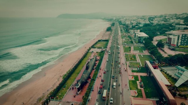 aerial view of R K Beach, Vizag with submarine museum