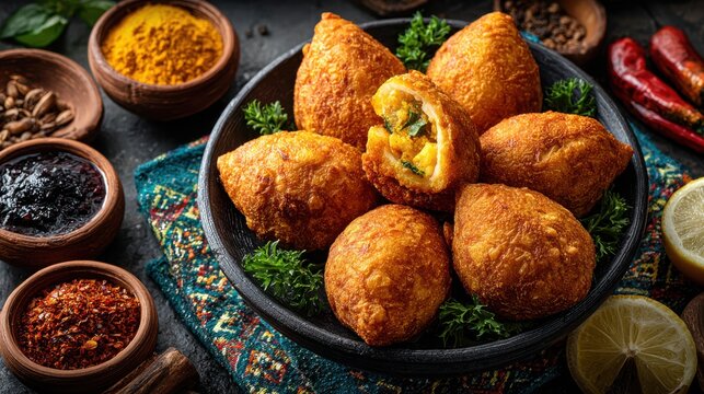 Fataya, a popular Senegalese snack, are golden, deep-fried pastries filled with spiced fish or meat, crisp outside and flavorful inside, often enjoyed as street food or appetizer.