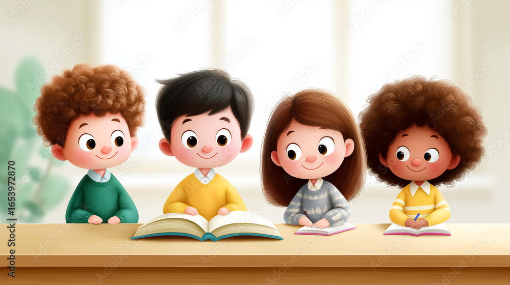 Poster group of children reading together in classroom enjoying literature. bright, cheerful atmosphere wit