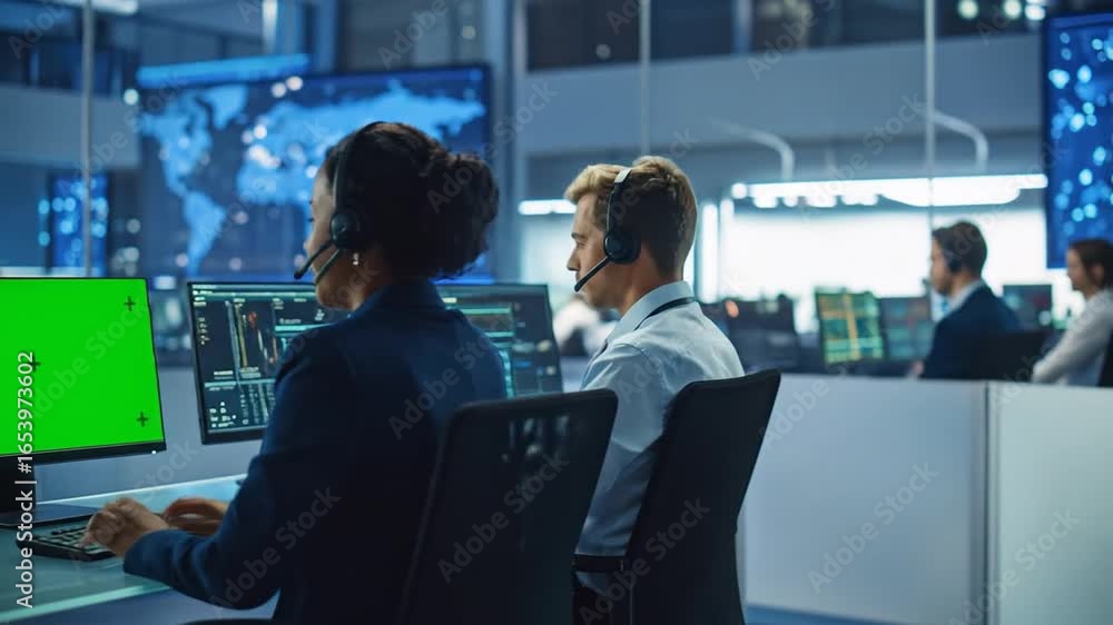 Poster high-tech workplace with operators at desks and green screen monitors in operation center