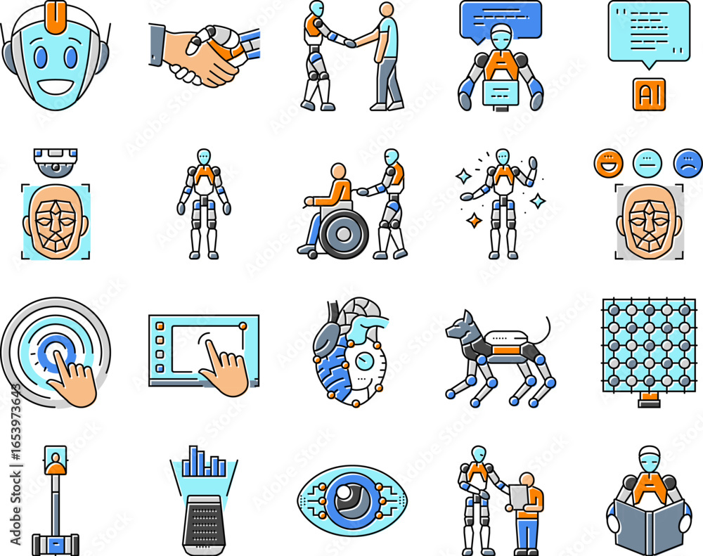 Poster social robotics ai interaction icons set vector
