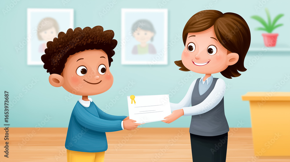 Poster child smiles while receiving certificate from teacher in cheerful classroom setting. warm colors and