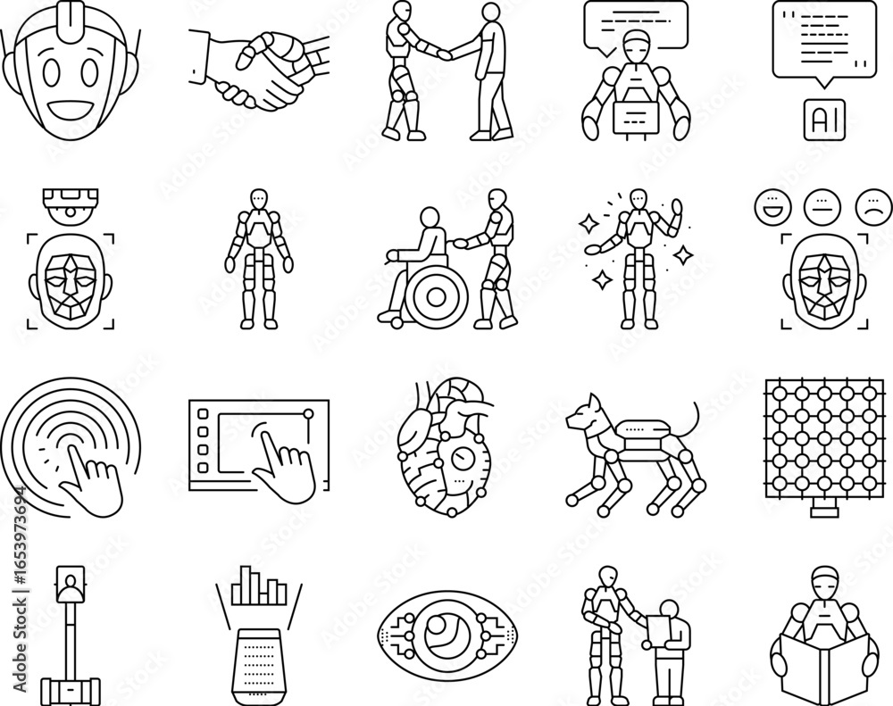 Poster social robotics ai interaction icons set vector