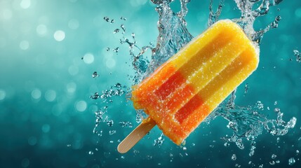 Close-Up of Colorful Orange Yellow Popsicle with Frosty Texture – Splashing Water Droplets on Bright Turquoise Background