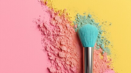 Close-Up of Cosmetic Brush with Turquoise Bristles on Crushed Powder – Bold Yellow Pink Split Background with Copy Space