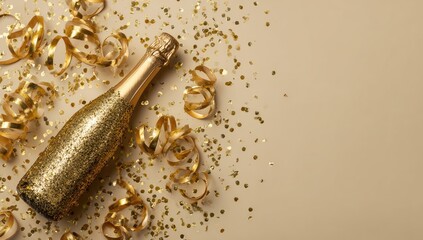 Gold champagne bottle surrounded by confetti and streamers