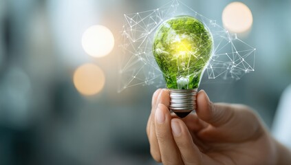 Hand holding a glowing green lightbulb with a stylized Earth and plants
