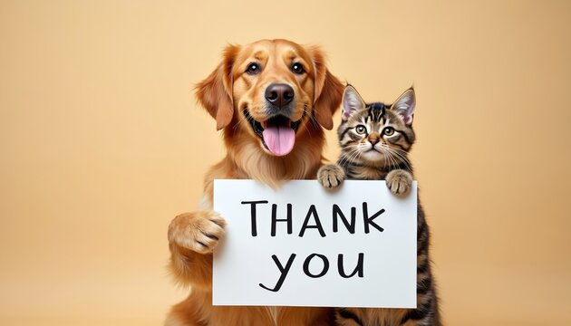 A cheerful dog and cat hold a white sign with Thank You written in black letters. These beloved pets express gratitude and friendship, symbolizing the strong bond between animals and humans.