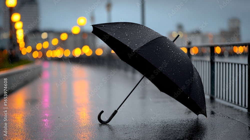 Poster black umbrella is laying on the ground in the rain. the umbrella is open and the rain is falling on 