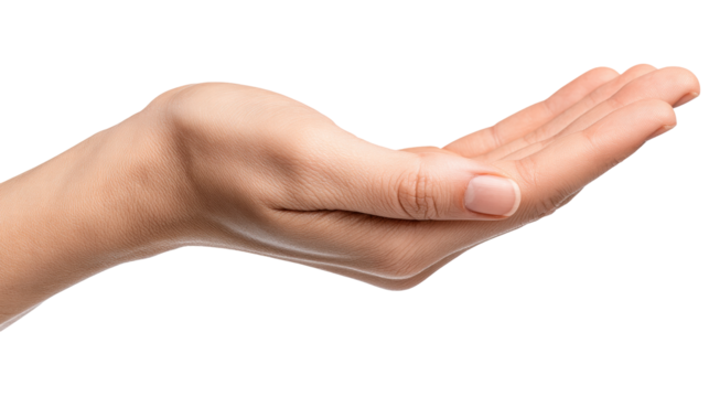 Isolated hand on transparent background with palm open and fingers relaxed in natural pose