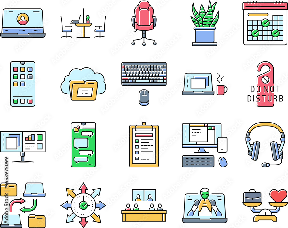 Poster hybrid work model remote icons set vector