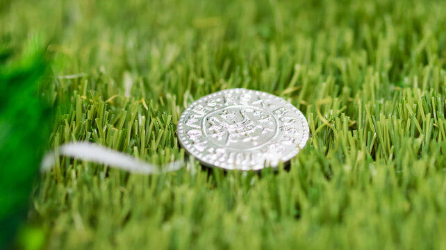 Close-up of a silver coin with ancient decorative details placed on fresh green grass. The image symbolizes history, value, treasure, finance, and discovery. Perfect for concepts of archaeology, econo