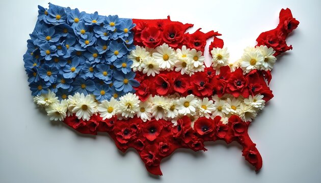 USA map formed by wilting flowers in flag colors, symbolizing market decline and economic recession. Faceless arrangement suggests financial analysis, business decay, and national identity crisis.