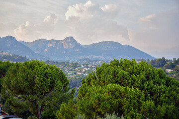 Mountain view with pine trees and cloudy sky near Saint Paul de Vence Provence France