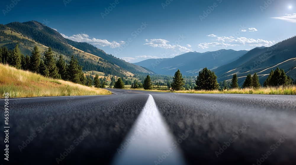 Poster road with a white line down the middle and a mountain range in the background. the road is empty and