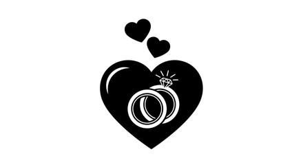 Obraz premium Vector art of black and white illustration of two wedding rings inside a heart shape with two small hearts above