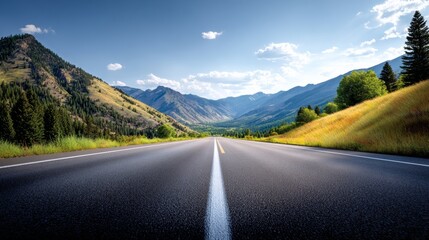 Long road with a mountain range in the background. The road is empty and the sky is clear