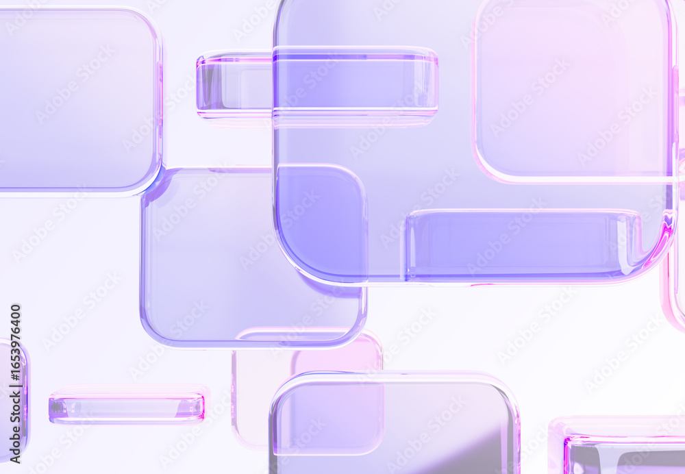 Poster abstract geometric block 3d background. iridescent glass transparent square pattern with purple pink