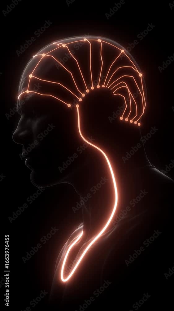 Poster concept art of neural headset design showcasing intricate lines and glowing elements in a dark envir