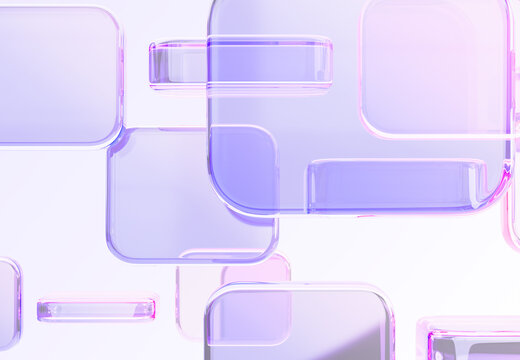 Abstract geometric block 3d background. Iridescent glass transparent square pattern with purple pink gradient. Futuristic digital technology, crystal hologram rectangle shapes render. 3D illustration