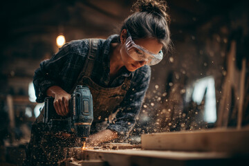Woman carpenter safety goggles plaid shirt apron power drill wood workshop focused sawdust flying hardworking