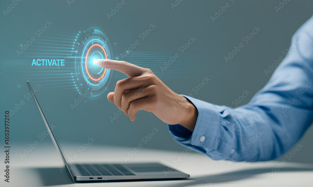 Poster close-up of a person's finger touching a glowing digital interface on a display with a laptop, repre